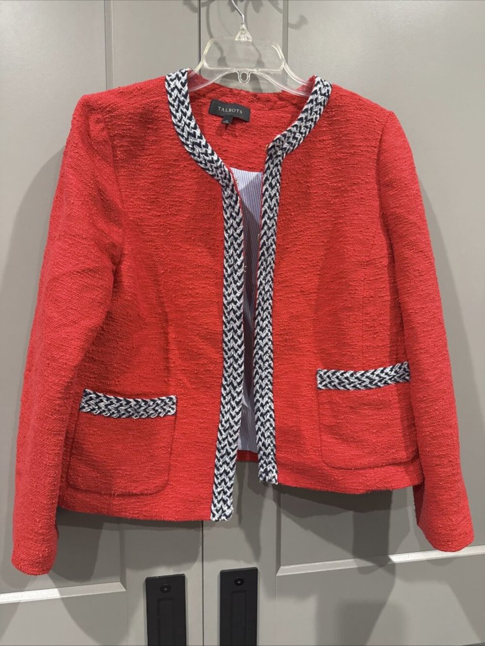 Talbots Tipped Red Tweed Jacket Size 14 Hook & Eye Patch Pockets